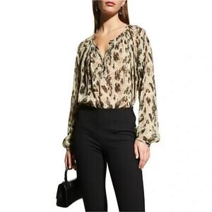 Rag & Bone Yuni Long Sleeve Popover Blouse in Light Green Tan Print Size Medium